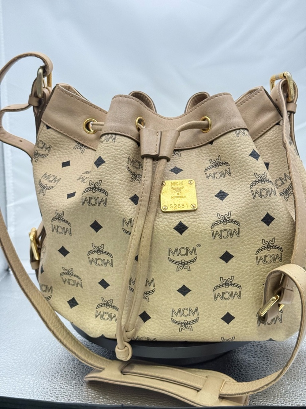 MCM Beige Visetos Drawstring Bucket Shoulder Bag with Gold Plate